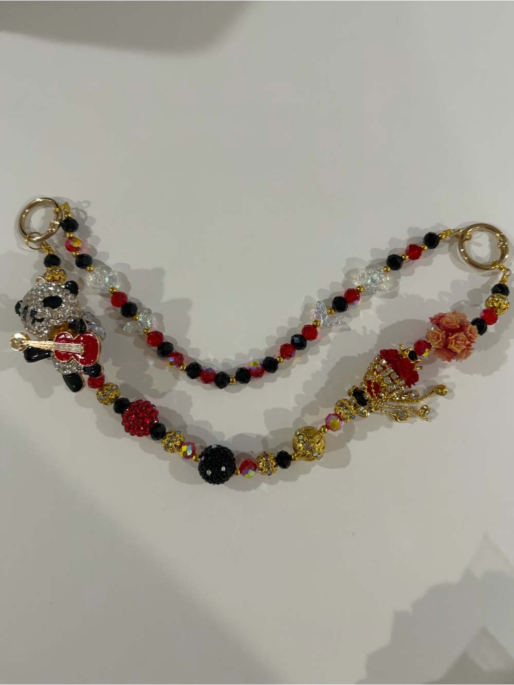 Red Black Crystal Panda Purse Charm Beaded Bag Chain Gold Tone